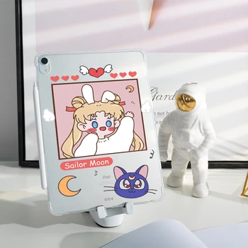 Aišku, Minkštos tpu case For iPad Pro 9.7 oro 10.5 11 10.2 Mini 2 3 4 5 2018 2020 Tablečių Skaidri Pieštukas turėtojas Atveju Sailor Moon