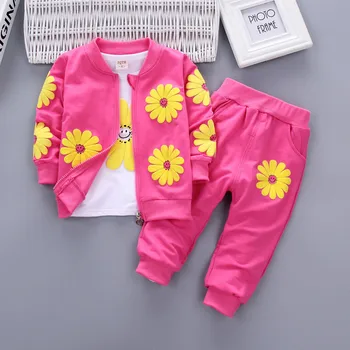 Pavasarį, rudenį mergaičių drabužių nustatyti vaikų mados flowears sportiniai kostiumai mergaitėms medvilnės 3pcs komplektus, paltai+marškinėliai+kelnės vaikams drabužių