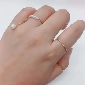 14k Aukso Natūralių Perlų Žiedas Moterims Kutas Reguliuojamas Moterų Bendras Mažų Piršto Žiedą Romantiška Papuošalai Metis Dovanos