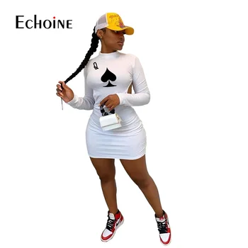 Echoine Moterų Sexy Black Queen Pokerio Kortelės Atvira Nugara Ilgomis Rankovėmis Midi Suknelė Bodycon Šalies Naktinis Klubas Mini Pieštuku Suknelės Vestidos