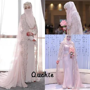 Musulmonų Stiliaus Undinė Vestuvių Suknelės, Hijab Saudo Arabų Šydas Ilgomis Rankovėmis Aukštu Kaklu Nuotakos Suknelė