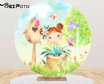 Apvalus ratas fone pavasario gėlė medis mergina baby shower fonas foto studija vaikams gimtadienio stalo dekoro Apima YY-602