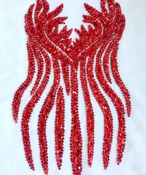 Rankų darbo raudonos spalvos cirkonio aplikacijos ant akių handsewing karoliukai, akmenys, apdailos pleistrai 65*34cm už suknelė 