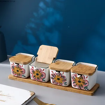 Prieskonių Indelį Druska Pipirai Butelis Prieskonių Dėžutė Virtuvės Talpykla Gėlių Keramikos Aikštėje Medinis Dangtis Stalčius Prieskonių Jar