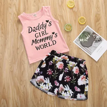 2VNT Bamblys Vaikams, Kūdikių, Mergaičių Drabužiai Raidė T-shirt Viršūnes Gėlių Pants Šortai Komplektus Nustatyti Sunsuit