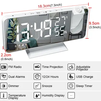 LED Skaitmeninis Laikrodis-Žadintuvas HD Raudonos Projekcija Laiko Rankinis Ryškumo Reguliavimas Temperatūros ir Drėgmės Ekranas, 180 Laipsnių Sukimosi
