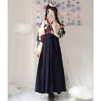 Merginos Japonijos Retro Stiliaus Kimono Yukata Ilgomis Rankovėmis Šalis Suknelė Moteriai Gėlių Samurajus Viršūnes Rūbeliai Lankas Diržo Sijonas Haori Apranga Rinkinys