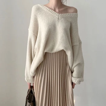 Moterų naujas megztinis rudenį, žiemą temperamentas plonas V-kaklo nuotėkio megzti megztinis + aukšto juosmens klostuotas sijonas ilgas sijonas rinkinys