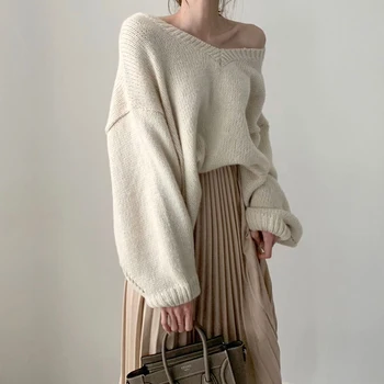 Moterų naujas megztinis rudenį, žiemą temperamentas plonas V-kaklo nuotėkio megzti megztinis + aukšto juosmens klostuotas sijonas ilgas sijonas rinkinys