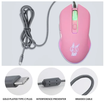 2021 Pink Rabbit USB/USB C Pelės su LED Apšvietimu 2400DPI C Tipo Laidinė Pelė 