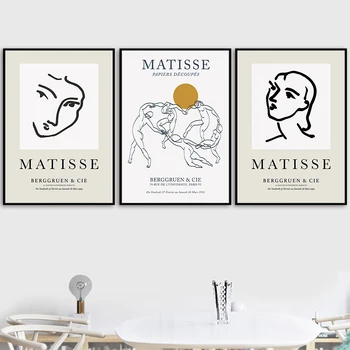 Sienos Meno Tapybos Drobės Matisse Abstrakčios Linijos, Mergina Susiduria Su Koralų Šiaurės Plakatai Ir Spausdina Sienos Nuotraukas Gyvenimo Kambario Dekoro