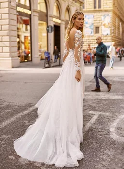 2020 Vestuvių Suknelės V Kaklo Appliqued Ilgomis Rankovėmis Nėrinių Nuotakos Suknelė Backless Aukštos Padalinta Pynimas Valymo Traukinio Rūbeliai De Mariée