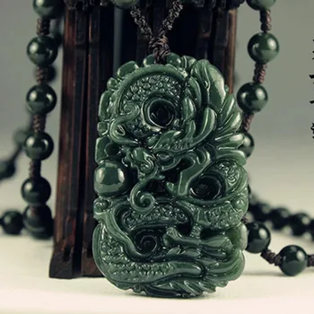 Surinkimo Kinijos Juodos Spalvos Natūrali Obsidianas Akmens Ranka Raižyti Gyvūnų Dragon Amuletas Žavesio Karoliai Pakabukas