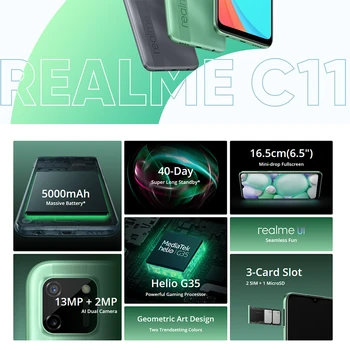 Realme C11 Pasaulio Versija 4G Mobiliojo Telefono 2GB 32GB G35 5000mAh Baterijos 6.5 colių Fullscreen Gel G35 13MP Dual Camera 3 Kortelės Lizdas
