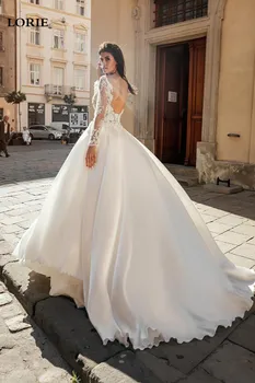 LORIE Boho Vestuvių Suknelės ilgomis Rankovėmis Satino Sijonas Princesė Vestuvių Suknelė Vestido de novia 2020 Mygtukus Atgal Vestuvių Suknelės