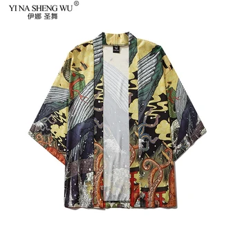 Mados Japonų Anime Stiliaus Banginis Spausdinti Kimono Moterų Megztinis Kimono Yukata Streetwear Vyrai Laisvi Azijos Drabužių