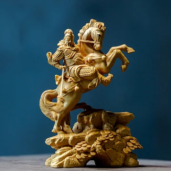 Boxwood 14CM Guanyu Skulptūra Trijų Karalysčių Pav Medienos Statula Jojimo Arklys Gong Guan Feng Shui Namų Dekoro