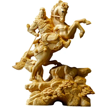 Boxwood 14CM Guanyu Skulptūra Trijų Karalysčių Pav Medienos Statula Jojimo Arklys Gong Guan Feng Shui Namų Dekoro