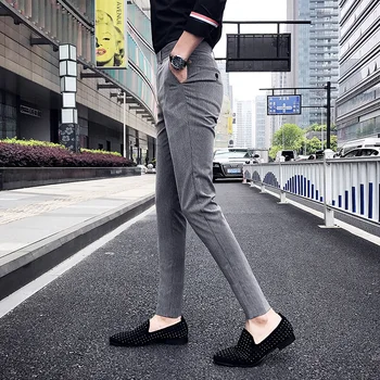 Korėjos Slim Fit Vyrų Suknelė Kelnės Mados Vertikalios Juostelės Vyrų Kostiumas Kelnės Streetwear Kulkšnies Ilgis Office Kelnės Vyrams Oficialų 36-28