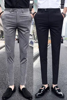Korėjos Slim Fit Vyrų Suknelė Kelnės Mados Vertikalios Juostelės Vyrų Kostiumas Kelnės Streetwear Kulkšnies Ilgis Office Kelnės Vyrams Oficialų 36-28