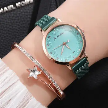 Prabanga Cirkonio Moterų Laikrodžiai Mados Įspaustais Rožių Dial Dizaino Nerūdijančio Plieno Magnetine Sagtimi Diržas Moterų Kvarcinis Laikrodis