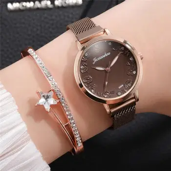 Prabanga Cirkonio Moterų Laikrodžiai Mados Įspaustais Rožių Dial Dizaino Nerūdijančio Plieno Magnetine Sagtimi Diržas Moterų Kvarcinis Laikrodis
