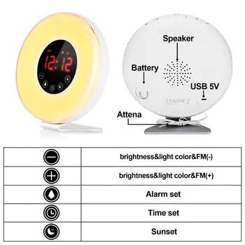Pabusti Šviesos Elektroninis Laikrodis-Žadintuvas su 7 spalvų Nakties Šviesa 7 garsai Saulėtekio/Saulėlydžio Modeliavimas Signalo Radijo Laikrodis