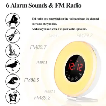 Pabusti Šviesos Elektroninis Laikrodis-Žadintuvas su 7 spalvų Nakties Šviesa 7 garsai Saulėtekio/Saulėlydžio Modeliavimas Signalo Radijo Laikrodis
