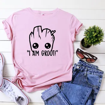 I Ma Groot Animacinių filmų Print T-shirt Moterims, Vasaros Top 2020 Mados turas-Kaklo trumpomis Rankovėmis Marškiniai Medvilnė Tee moteriški Drabužiai