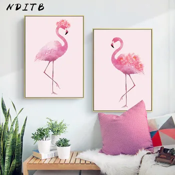 NDITB Akvarelė Gėlių Flamingo Drobės Plakatai ir Spausdina Minimalistinio Sienos Meno Tapybos Šiaurės Apdailos Nuotraukos, Namų Dekoro