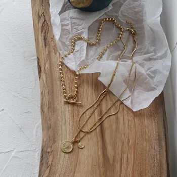 Amaiyllis 14K Aukso Trijų Sluoksnių Karoliai Kamuolys OT Sagtis Dvigubai Monetų Gyvatė Kaulų Karoliai Grandinės Choker Moterų Boho Jewellry