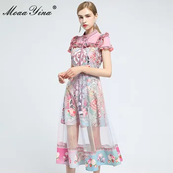 MoaaYina Mados Dizaineris suknelė Vasaros Moterų Suknelė trumpomis rankovėmis Spausdinti Raukiniai Akių Suknelės