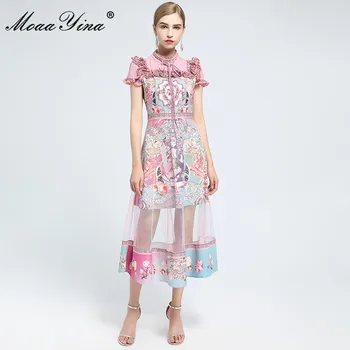 MoaaYina Mados Dizaineris suknelė Vasaros Moterų Suknelė trumpomis rankovėmis Spausdinti Raukiniai Akių Suknelės