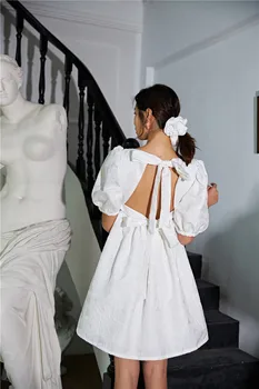 Vasarą Naujų 2020 M. Moterų Suknelė Backless Vientisos Spalvos Medvilnės Mados Ponios Dres Pūsto Rankovėmis Moterims Drabužių T802