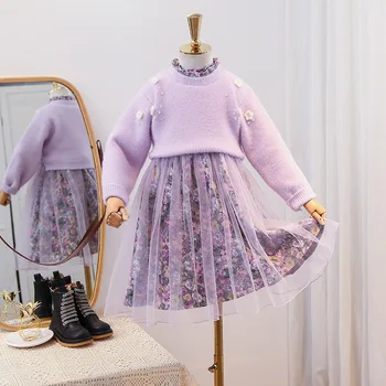 2020 m. žiemos naujus produktus mergaičių tinklinio susiuvimo suknelė plius aksomo, vidutinių ir mažų vaikų megztinis suknelė