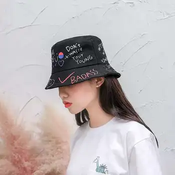 Naujas Korėjos Vasaros Harajuku Grafiti Panama Kibirą Skrybėlės Vyrai Moterys Vienos Lyties Pora, Hip-Hop ' O Laiškas, Išspausdintas Medvilnės Panama Žvejybos Kepurės