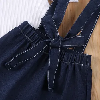 Bamblys baby girl dviejų dalių rinkinys, pynimas ilgomis rankovėmis marškinėlius džinsinio suspender sijonas nustatyti vaikai mergina drabužiai