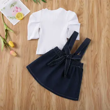 Bamblys baby girl dviejų dalių rinkinys, pynimas ilgomis rankovėmis marškinėlius džinsinio suspender sijonas nustatyti vaikai mergina drabužiai