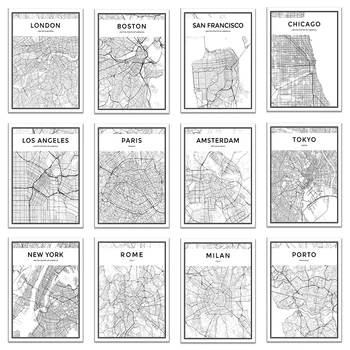 Pasaulio Miesto Žemėlapį niujorko, Tokijo, Paryžiaus Juoda ir Balta Drobė Meno Plakatas Spaudinių Šiaurės Stiliaus Tapybos Nuotraukos Kambarį Dekoro
