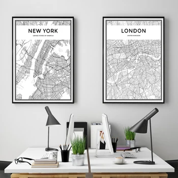 Pasaulio Miesto Žemėlapį niujorko, Tokijo, Paryžiaus Juoda ir Balta Drobė Meno Plakatas Spaudinių Šiaurės Stiliaus Tapybos Nuotraukos Kambarį Dekoro