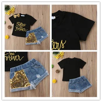 Baby Girl Vaikas marškinėliai Topai Ir China Džinsinio Šortai, Kelnės Drabužių Komplektus Mielas Lankas Juodos spalvos Drabužius AS