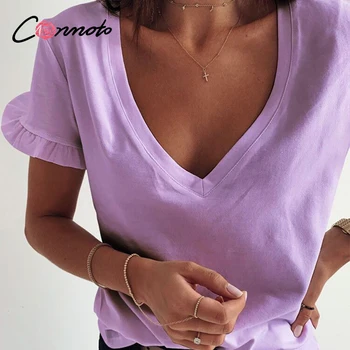 Conmoto Atsitiktinis v-kaklo, pynimas moterų marškinėliai Vasaros paprasta vientisos spalvos vidutinio ilgio viršų moteriška viršūnes Trumpas rankovės ponios viršūnės
