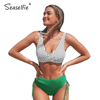 SEASELFIE Seksualus Baltas Gėlių ir Žaliųjų Bikini Rinkiniai maudymosi kostiumėlį Dviejų dalių Nėrinių Biquini maudymosi Kostiumėliai Moterims, 2021 Naujas Paplūdimio Maudymosi Kostiumas