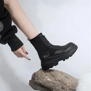 JIANBUDAN Juodos odos mados motociklo batai Platformos pleišto moterų ruožas batai Žiemą pliušinis šiltas moterų kojinės, batai, 34-40