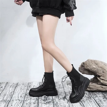JIANBUDAN Juodos odos mados motociklo batai Platformos pleišto moterų ruožas batai Žiemą pliušinis šiltas moterų kojinės, batai, 34-40