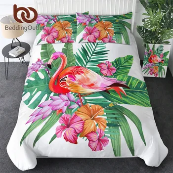 BeddingOutlet Flamingo Patalynės Komplektas Tropinių Augalų Antklodė Padengti King Size Namuose Lova Nustatyti Gėlių Spausdinti Rausvos ir Žalios spalvos Patalyne, 3pcs