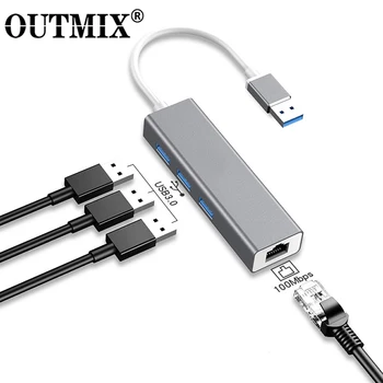 OUTMIX 4 Prievadai USB 3.0 Tipas-C HUB USB 3.0 RJ45 100 Mbps Ethernet Tinklo Adapteris, skirtas Nešiojamojo kompiuterio 