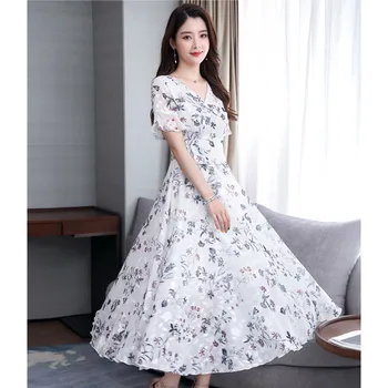 2020 Mori Mergina Saldūs Vasaros Suknelė Moterims Gėlių Spausdinti Ilgą Šifono Suknelę Moterų Trumpomis Rankovėmis Plisuotos Vestidos Korėjos Suknelė