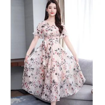 2020 Mori Mergina Saldūs Vasaros Suknelė Moterims Gėlių Spausdinti Ilgą Šifono Suknelę Moterų Trumpomis Rankovėmis Plisuotos Vestidos Korėjos Suknelė