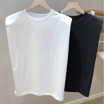 2021 Paprastos Konstrukcijos Pečių Trinkelėmis Moterims Topai marškinėliai Medvilnės Kietas Komfortą Vasaros moteriškų Drabužių Baltas Juodas Trumpas O-Kaklo Atsitiktinis